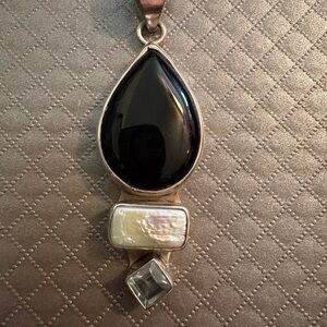 .925 SS Black Onyx Teardrop Pendant with Biwa Pearl and Clear Blue Gemstone